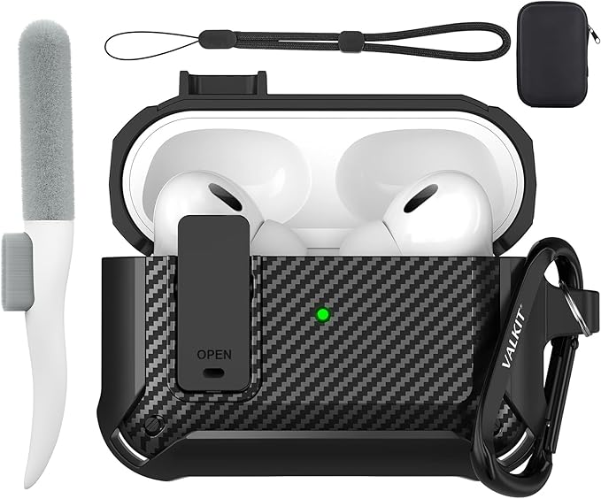 Valkit Armor Series Full-Body Shockproof Protective Case Cover for AirPods Pro 2nd/1st Generation Charging Case with Carabiner Keychain, LED Indicator, and Accessory Pouch