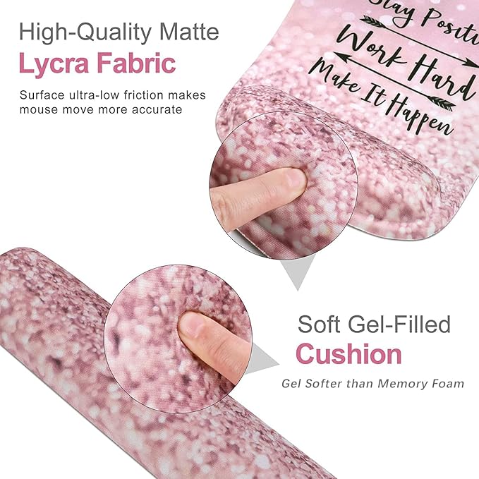 HAOCOO Pink Mouse Pad Support, Keyboard Wrist Rest, Gel Wrist Rest for Computer and Mouse Pad Set, Anti-Slip Base, Keyboard Pad with Coaster for Office Home Women, Stay Positive