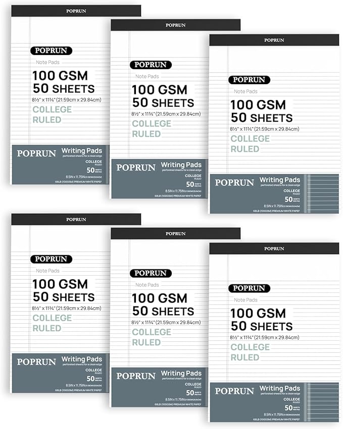 POPRUN White Legal Pads 8.5 x 11.75 College Ruled, 100GSM Writing Paper Pad, Bulk Lined Notepad Notebooks for Work School, Classroom Office Supplies, 6 Pack