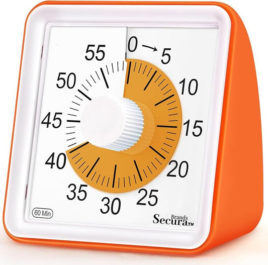 Secura 60 Minute Essential Visual Timer for Kids, Countdown Clock Timer for Special Education, Classroom, School, Desk, Home, Office, Silent Non-Ticking Time Management Tool (Orange & Orange)