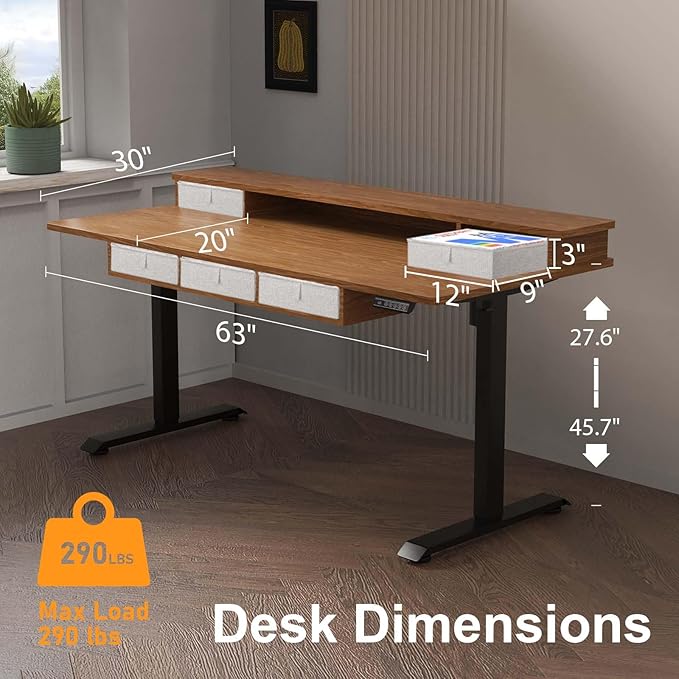XINYAO Electric Standing Desk with 5 Drawers, 63x30 Inch Extra Wide Height Adjustable Sit Stand Up Desk with Storage Support 290lbs Ergonomic Rising Table with Wheels for Home Office