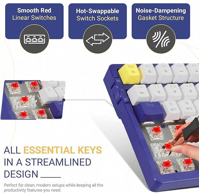 Qisan Wireless/Wired Mechanical Keyboard, Triple Mode 2.4G/USB-C/BT Wireless Gaming Keyboard, 100 Keys (98%) US Layout Red Switch Rechargeable Backlit Keyboards | Dark Blue & Yellow & White Combo