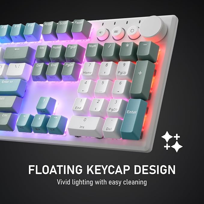 iRocks K74R Wireless RGB Illuminated Mechanical Gaming Keyboard, Hot-Swappable Switches, Easy-Clean Floating Design, PBT 107 Keys NKRO, Detachable USB-C Cable - Island Blue (Red Switches)