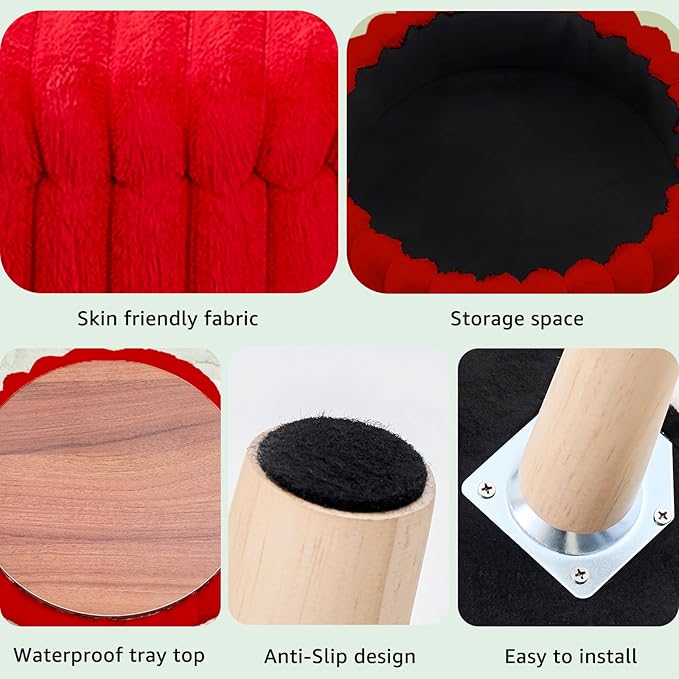Wimarsbon Storage Ottoman,Soft Faux Fur Footstool with Padded Seat, Small Reading Vanity Chair, Footrest with Wood Tray for Couch, Mini Coffee Table or Display Stand (Red, Round Storage)