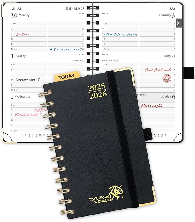 POPRUN Pocket Planner 2025-2026 (Spiral Hardcover - 4''x 6.25''), Daily Weekly and Monthly (July 2025 - June 2026) with Hourly Time Slots, for Purse, 100 GSM - Black