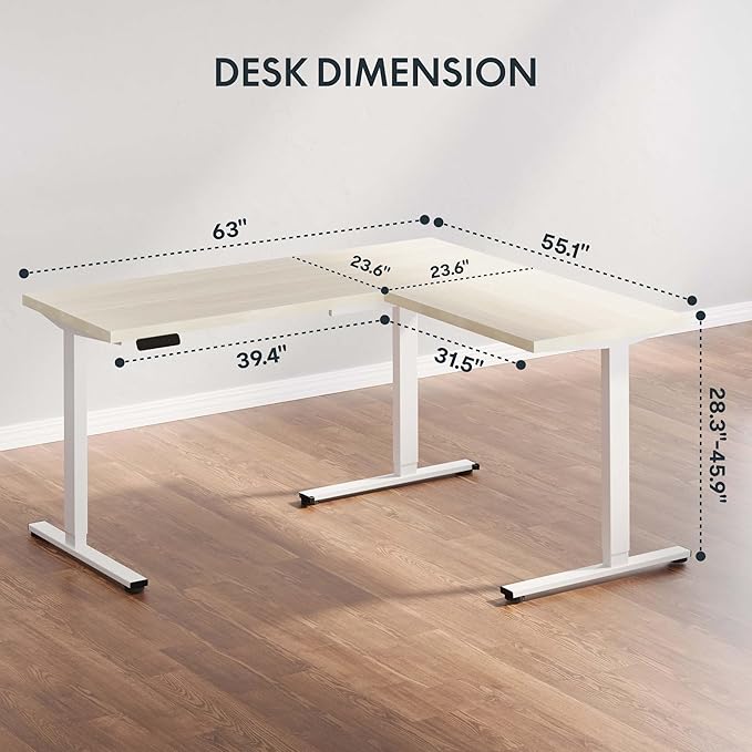 SANODESK L Shaped Standing Desk Adjustable Height, Electric Corner Standing Desk, 63 x 55 inch Sit Stand Computer Table with Splice Board, Maple