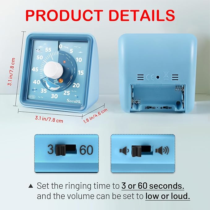 Secura 60-Minute Visual Countdown Timer for Kids & Classroom, Pomodoro Time Management Tool (Blue & Blue)