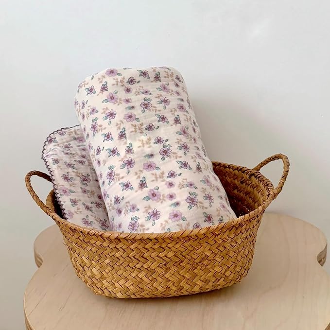 BuLuTu Muslin Cotton Toddler Blanket for Crib, Shabby Chic Purple Floral Print, Large Crib Blanket 47x51 Inch, Cottage Baby Quilt for Unisex Boys Girls Gifts, Soft Lightweight