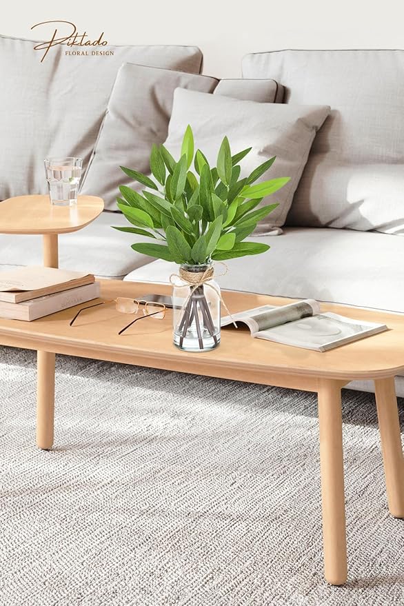 13" Fake Eucalyptus Stems in Vase with Faux Water,Artificial Plants Leaves for Shelf Desk Bathroom Farmhouse Room Coffee Table Home Decor (Eucalyptus-Pointed Leaf)