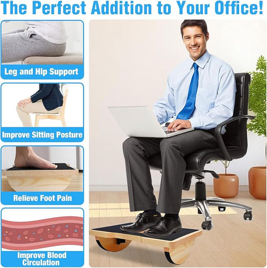 Wood Foot Rest for Under Desk at Work, Ergonomic Foldable Footrest with Roller Massager for Enhanced Circulation & Comfort, Standing Desk Rocker Balance Board for Office & Home