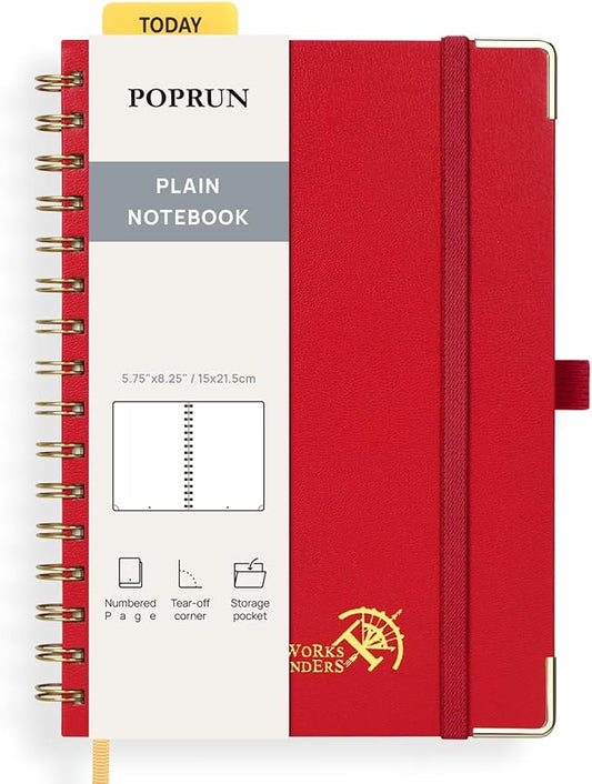 POPRUN Blank Journal Notebook, [A5-5.75'' x 8.25''] - 120 GSM Thick Paper, 141 Numbered Pages, Spiral Hardcover for Men & Women with Pocket, Index Tabs, 8 Perforated Sheets, Red