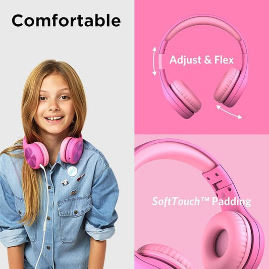 LilGadgets Connect+Wired Kids Headphones for School with Microphone, Volume Limiting & Noise Reduction Over-Ear Headset with Cord, SharePort Technology & SoftTouch Padding, Pink - Kid Headphones