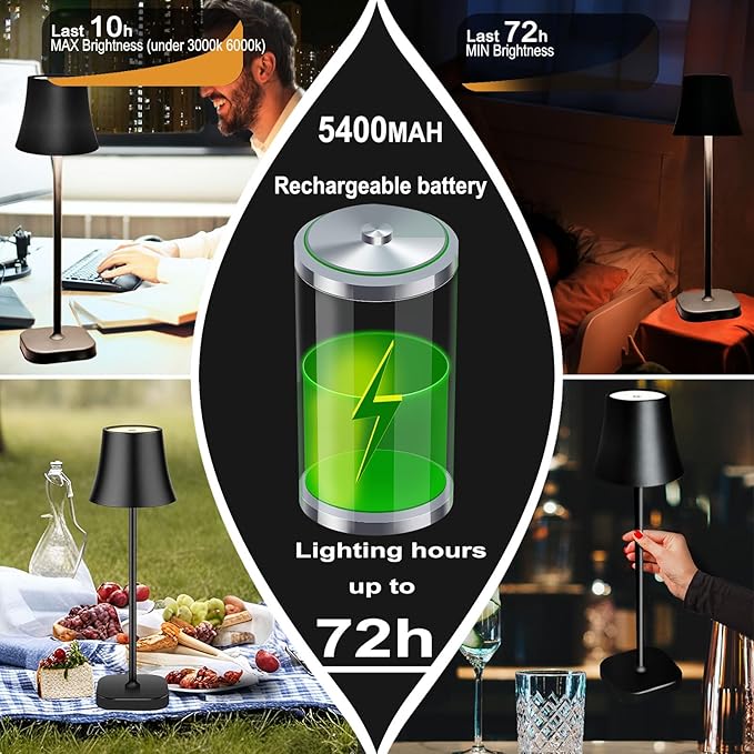 Table Lamps for Living Room Set of 2: Bedside Lamps for Nightstand: 5400mAh 72 Hours Battery Operated Rechargeable Cordless Table Lamp for Bedroom LED Dimmable Wireless Touch Desk Lamp