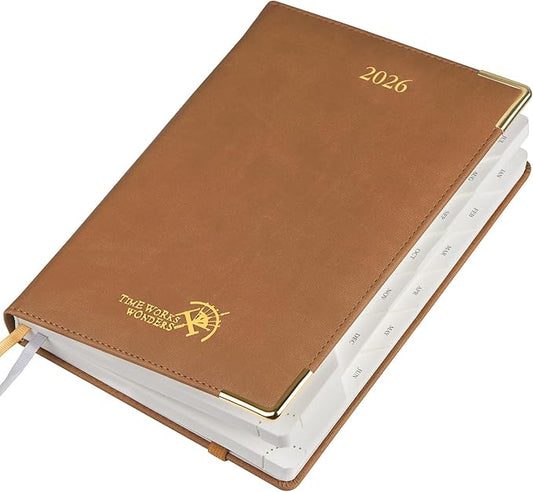 POPRUN Daily Planner 2026 (A5 Size-5.75" x 8.5") One Page Per Day Planner with Vegan Leather Hardcover - Agenda 2026 (Jan. - Dec.) Page A Day Calendar Book with Monthly Tabs, Inner Pocket TJ - Brown