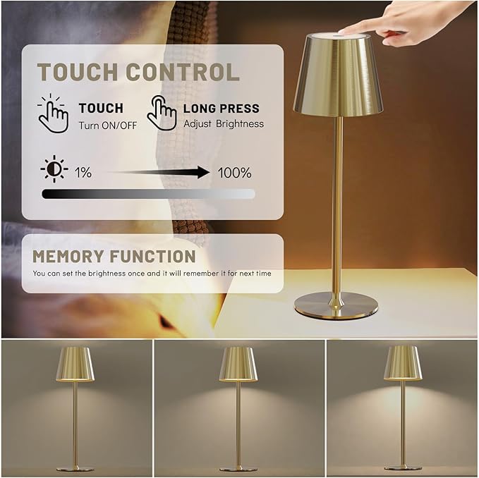 Maksone 2 Pack LED Cordless Table Lamp, 6600mWh Rechargeable Battery Desk Lamp, 3000K Stepless Dimming Night Light, IP54 Waterproof Metal Outdoor Portable Lamp for Camping, Restaurant (Gold)