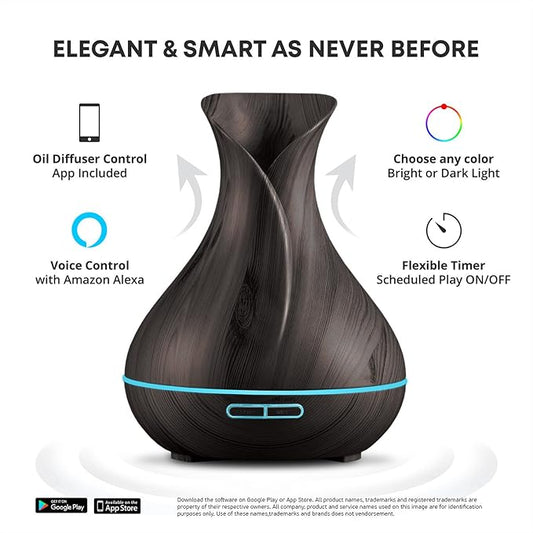 Smart WiFi Wireless Essential Oil Aromatherapy 400ml Ultrasonic Diffuser & Humidifier with Alexa & Google Home Phone App & Voice Control - LED & Timer Settings Dark Brown