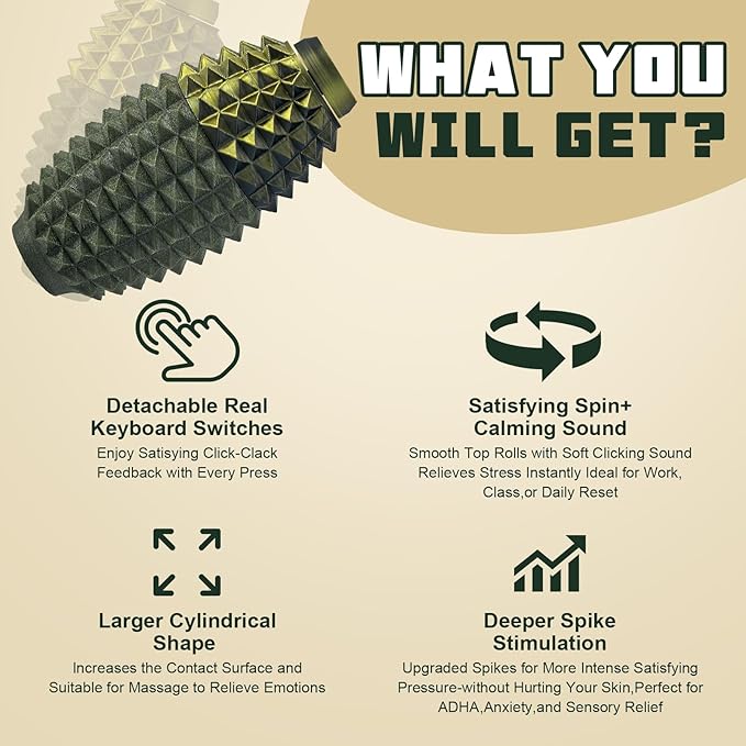 Little Ouchies Spiky Fidget Keychain, Pain Stim Sensory Toy for Adults | 3-in-1 Spinner, Clicker & Roller, Ergonomic Palm Grip, Stress & Anxiety Relief, Ideal for Friends & Family(Black Gold)