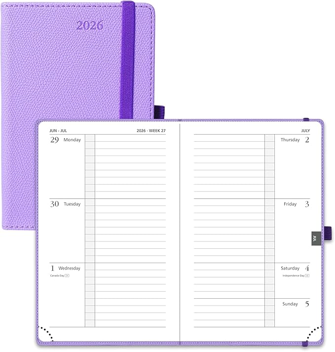 POPRUN Weekly Planner 2026 Calendar (Pocket 4'' x 6.25'') 12 Months Notebook with Horizontal Layout, Leather Hardcover, Inner Pocket, 100GSM Thick Paper, Pen Holder - Lavender
