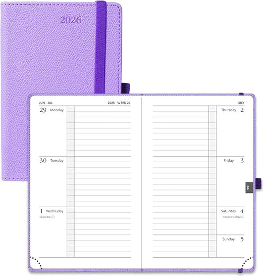 POPRUN Weekly Planner 2026 Calendar (Pocket 4'' x 6.25'') 12 Months Notebook with Horizontal Layout, Leather Hardcover, Inner Pocket, 100GSM Thick Paper, Pen Holder - Lavender