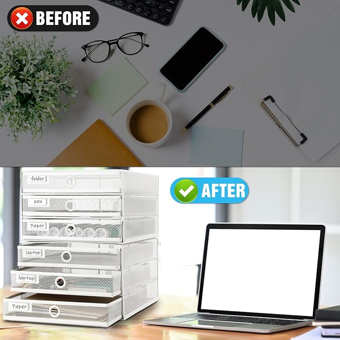 Zhanmai 2 Pcs Desk Organizer with Drawer Total 6 Tiers, Wire Mesh Organizers Tray Multifunctional Paper Sorter File Stand for Home Office Supplies Storage Letter A4 Paper Office Accessories(White)