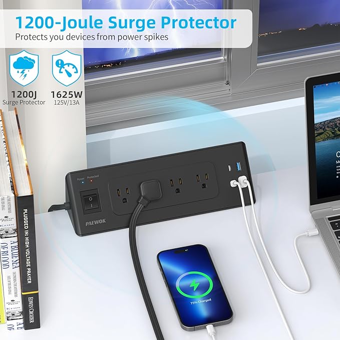 Desk Clamp Power Strip with USB C, Desk Charging Station with 4 Outlets 4 USB Ports, Desktop Mounted Power Strip Surge Protector, 6.5ft Flat Plug Extension Cord, Fit 1.9 inch Tabletop Edge, Black