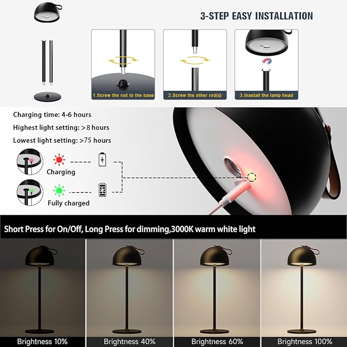 Outdoor Table Lamp,8-75 Hours Battery Powered Lights,Black Rechargeable Desk Lamp,Waterproof,Magnetic,Stepless Dimming,Adjustable Height,for Camping,Living Room,Dinner,Shower,Night Light