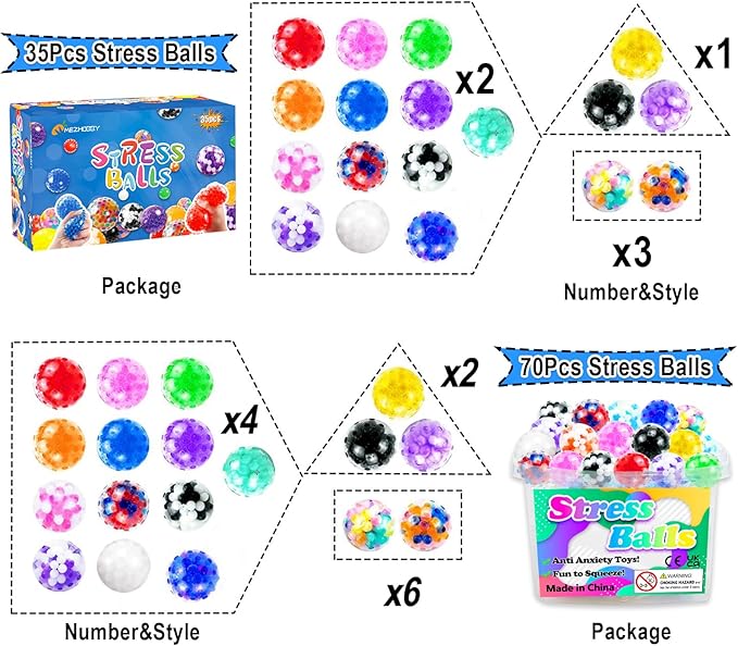 70PCS Stress Balls, Squishy Squeeze Balls Bulk, Sensory Balls, ADHD Stress Relief for Adults , Classroom Prizes, Party Favors, Birthday Gift, Goodie Bag Stuffers