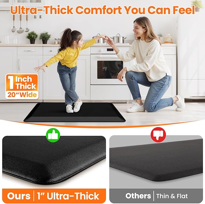 Kitchen Mats for Floor, 1 Inch Extra-Thick Kitchen Rugs, Non-Slip & Waterproof Standing Desk Mat, Comfort Anti Fatigue Mats for Kitchen Floor, Home, Sink, Office (20" X 39", Black)