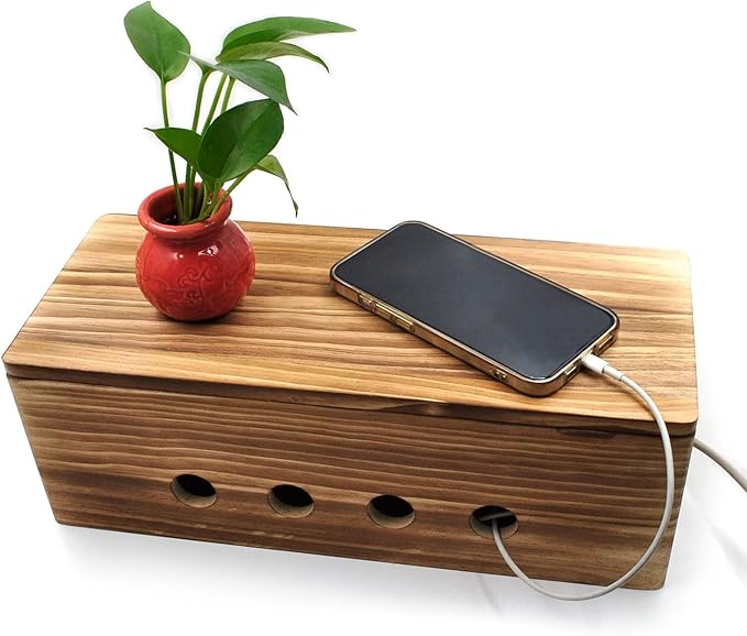 Large Cable Management Box, Wood Cord Hider Box & Organizer for Power Strip Hider Cable Storage for Office, TV Wires, Desk Cord Organizer, 14" x 5.9" x 5.1", Vintage Walnut (Vintage Walnut-lid)