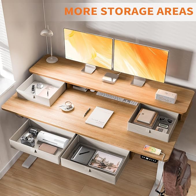 55 * 30 Inches Electric Standing Widened Desk Adjustable Height with 4 Drawers, Double Storage Shelves, Home Office Workstation Sit Stand up Desk (Nature)