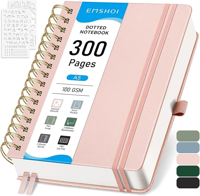 EMSHOI Bullet Dotted Journal Spiral Notebook - 300 Pages, A5 Hardcover Leather, 100 GSM Thick Dot Grid Notebook for Women Men Work Writing, Bullet Journaling, Drawing, 5.7" x 8.22", Rose Gold