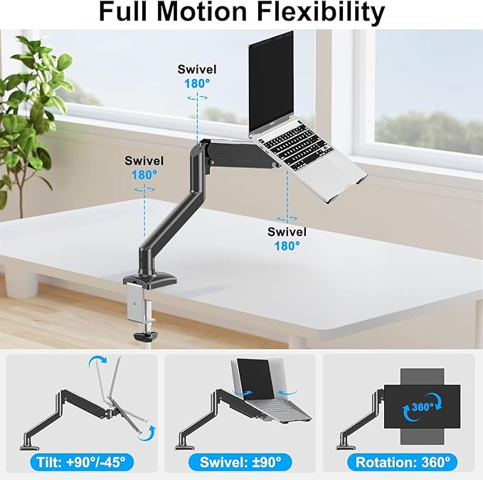 MOUNTUP Laptop Stand for Desk, Adjustable Aluminum Laptops Arm Mount for 14-17 Inch Notebook & 32" Monitor, Laptops Arm for Desk Support for 4.4-19.8lbs, 2-in-1 Laptop Desk Mount with Clamp/Grommet