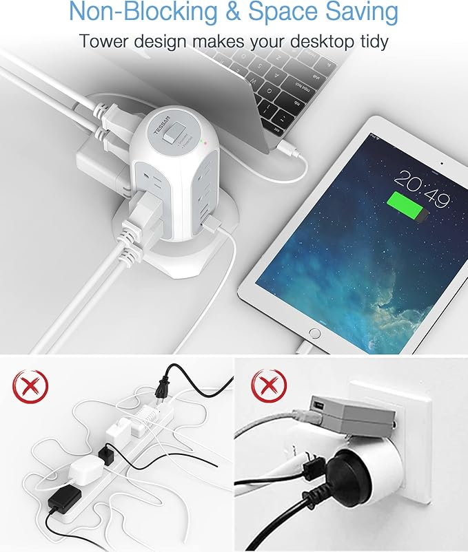 15 ft Extension Cord Tower Power Strip, 11 Outlets 3 USB(1 USB-C) Chargers, TESSAN Surge Protector with Multi Plug Outlet, 1050J Protection, Office Supplies, Desk Accessories, School Dorm Essential