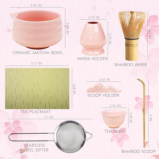 Matcha Whisk Set, 8-Piece Pink Matcha Set with Ceramic Bowl, Bamboo Whisk, Sifter, Large Mat and More – Complete Matcha Kit with Gift Box for Matcha Lovers