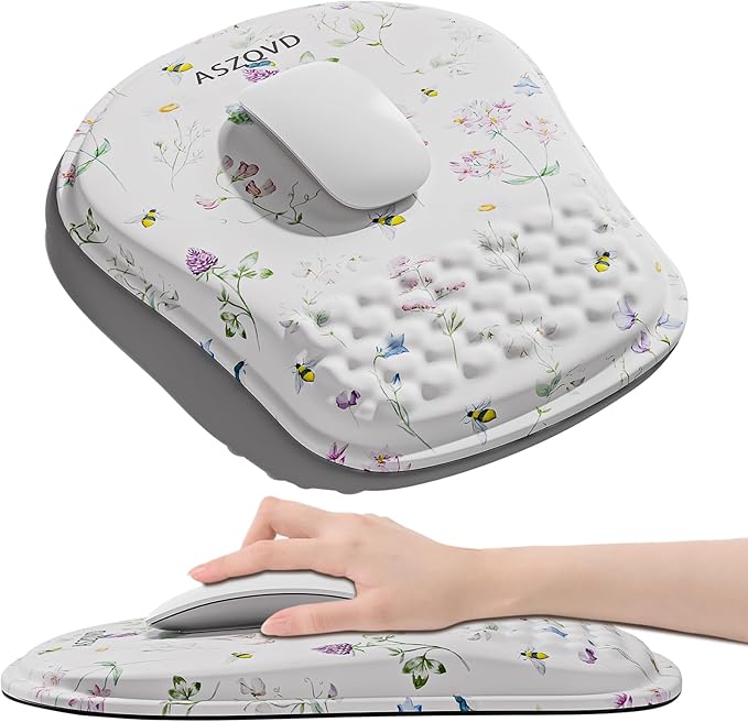 Mouse Pad with Wrist Rest, Ergonomic Mousepads with Wrist Support, Soft Lycra Fabric Memory Foam Office Desk Accessories for Comfort/Pain Relief/PC Gaming/Computer/Laptop (White Wild Plant)