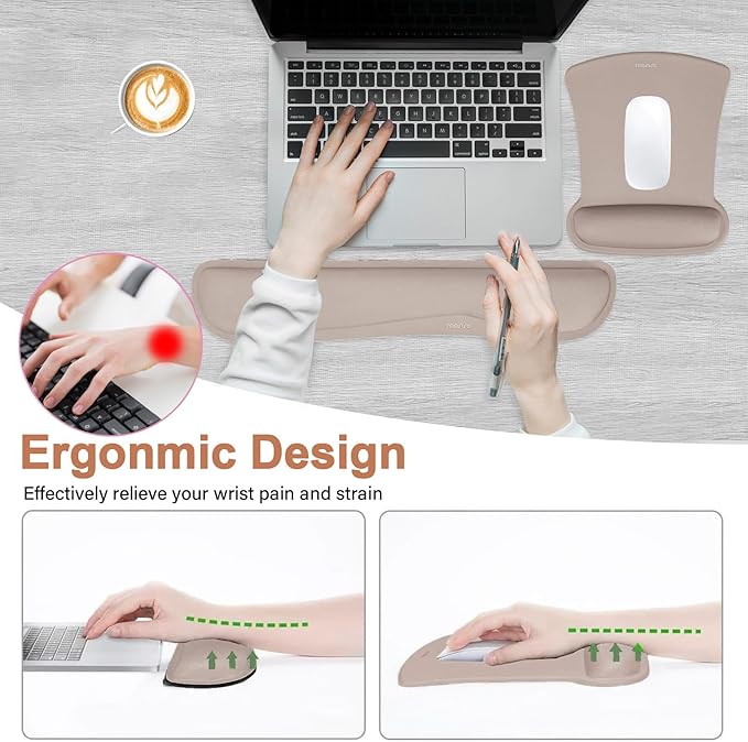 MOSISO Wrist Rest Support for Mouse Pad & Keyboard Set, Ergonomic Mousepad Non-Slip Base Home/Office Pain Relief & Easy Typing Cushion with Neoprene Cloth & Raised Memory Foam, Taupe Brown