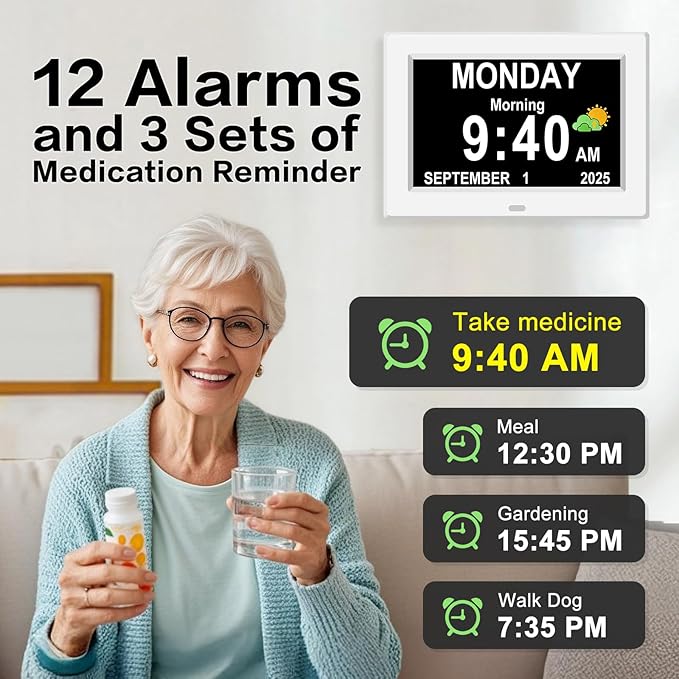 Digital Alarm Clock for Elderly Large Display for Seniors Electric Clocks with Date Day of Week 12 Alarms 4 Colors Desk Wall Calendar Clocks for Memory Loss Alzheimers Dementia Auto DST/Dimmer