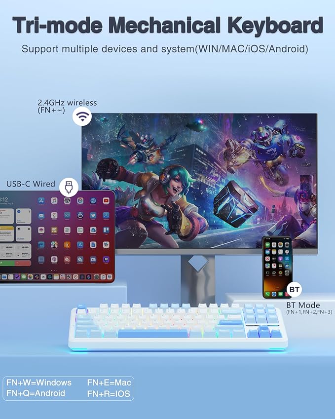 AULA F87 Wireless Mechanical Keyboard, 75% TKL Custom Hot Swappable Gaming Keyboards with PBT Keycaps, Pre-lubed Greywood Switches, RGB Backlit Creamy Keyboard, 2.4GHz/USB-C/BT5.0