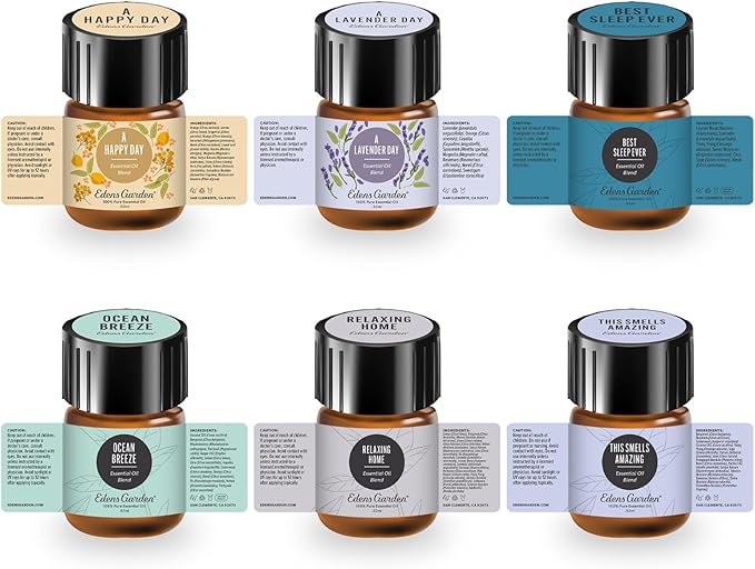 Edens Garden A Gift for You Discovery Sampler 6 Set – 100% Pure Therapeutic Essential Oils – Happy Day, Lavender, Best Sleep, Ocean Breeze, Relaxing Home & Smells Amazing Oil Blends, .92 ml/ 6 Pack