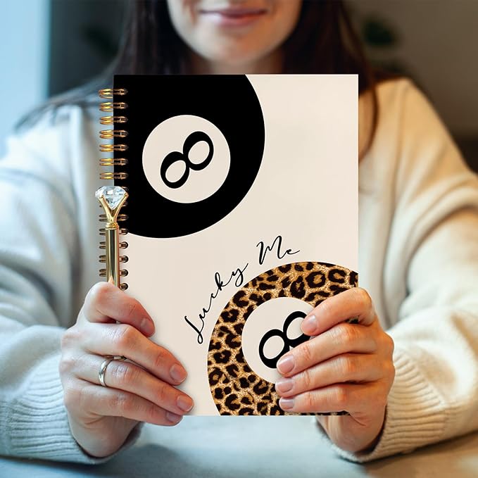 Trendy Leopard and Black Lucky 8 Ball Notebook, Funky Leopard Print Journaling Notebook, Vintage Modern Billiards Journal, Aesthetic Cheetah Print Balls Spiral Notebooks 5.5x8.3 Inch