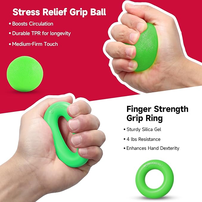 FitBeast Hand Grip Strengthener Workout Kit (5 Pack), 2 Forearm Grip Adjustable Resistance Hand Gripper, Finger Stretcher, Grip Ring & Stress Relief Grip Ball for Athletes