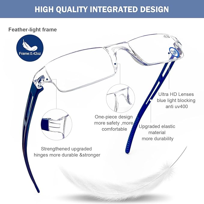 AQWANO Blue Light Blocking Computer Reading Glasses 5 Pack Clear Frame Rimless Readers Anti Glare Filter Lightweight for Women Men, 2.5