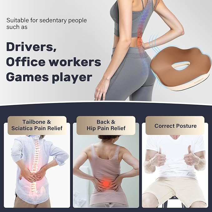 Coverado Car Seat Cushion, Memory Foam Office Chair Cushion for Car, Everlasting Comfort Sciatica & Hip & Tailbone Pain Relief Cushion for Long Sitting Driver Office Worker-Beige