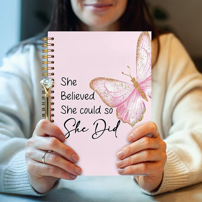 Pink Butterfly Inspirational Spiral Notebook 5.5x8.3, She Believed She Could So She Did Motivational Journal, Inspirational Encouragement Gifts for Women, Pink Office Supplies