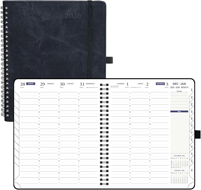 POPRUN 2026 Weekly Planner 30-Mintue (Medium 7'' x 8.5'') - From Jan 2026 to Dec 2026 - Two Pages Per Week Appointment Book with Monthly Tabs, Softcover, Inner Pocket, Pen Holder - Black