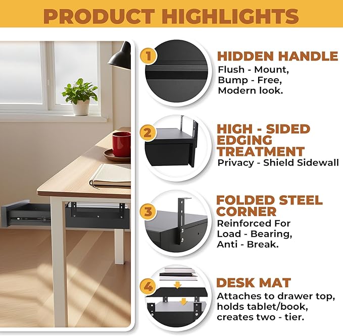 POPMOON 16 Inch Under Desk Drawer,Adjustable Height,Under Desk Drawer Slide Out, Metal Storage Drawer with Cable Management for Office & Home,Matte Black