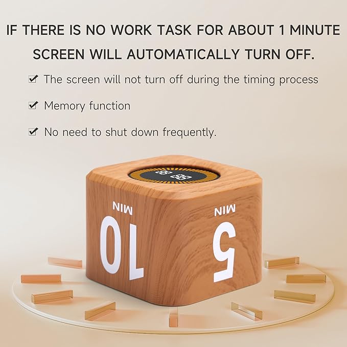 Rotating Productivity Timer 5, 25, 10, 50 Minutes Preset, Desk Cube w/Gravity Sensor for ADHD, Mute Functions, Ideal for Work, Study, Kitchen, Back to School (1, Wood Grain Finish)