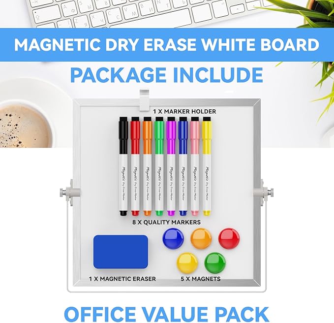 Dry Erase White Board, Cazeyoo Magnetic Desktop Whiteboard 10 x 10inch with Stand, 8 Markers, 4 Magnets and 1 Eraser, Portable Double-Sided White Board for Kids Drawing, Office, Home, School