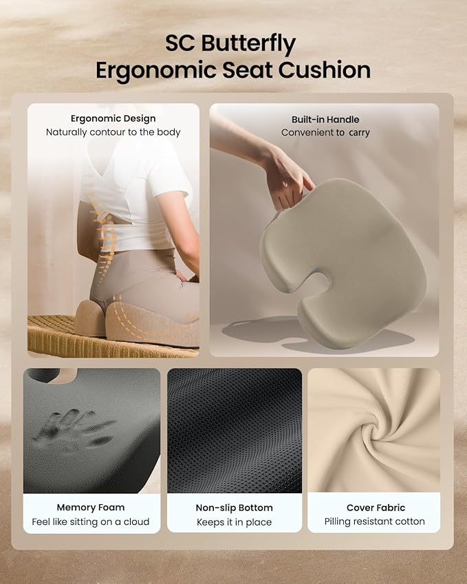 ProtoArc Seat Cushion, Office Chair Cushion for Sciatica, Coccyx Cushion, Ergonomic Memory Foam Seat Cushion for Car, Home, Pressure Relief Pad for Hip, Tailbone, All Day Comfort - Beige