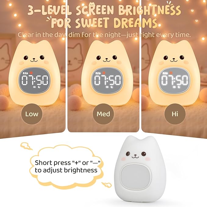 Cat Alarm Clock with Night Light for Kids with Sleep Training and Sound Machine, Rechargeable Silicone Lamp OK to Wake Clock，Cute Animal Tabletop Lamp, Perfect Sleep Companion for Boys Girls
